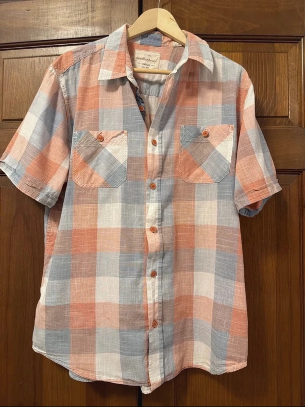 Weatherproof Orange, Light Blue & White Plaid Short-Sleeve Button-Down